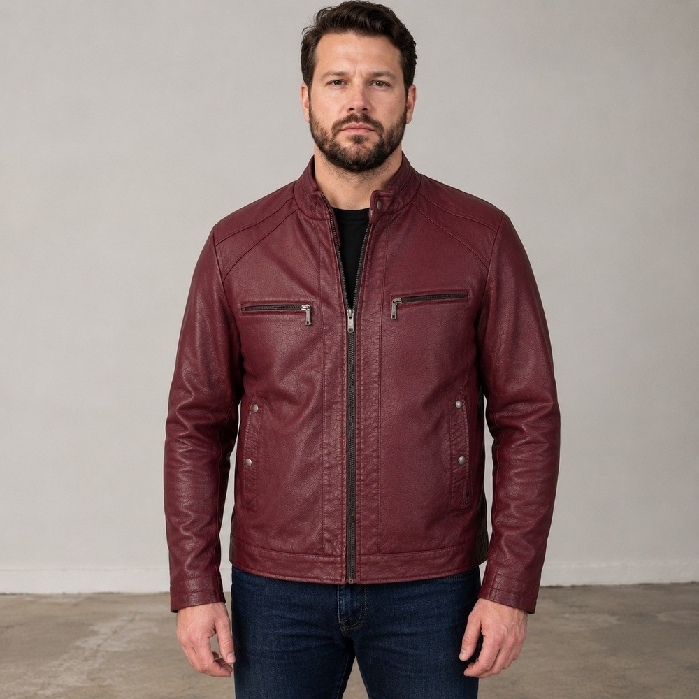 American Breed XL Burgundy Leather Moto Jacket Faux Fur Lined Men's
